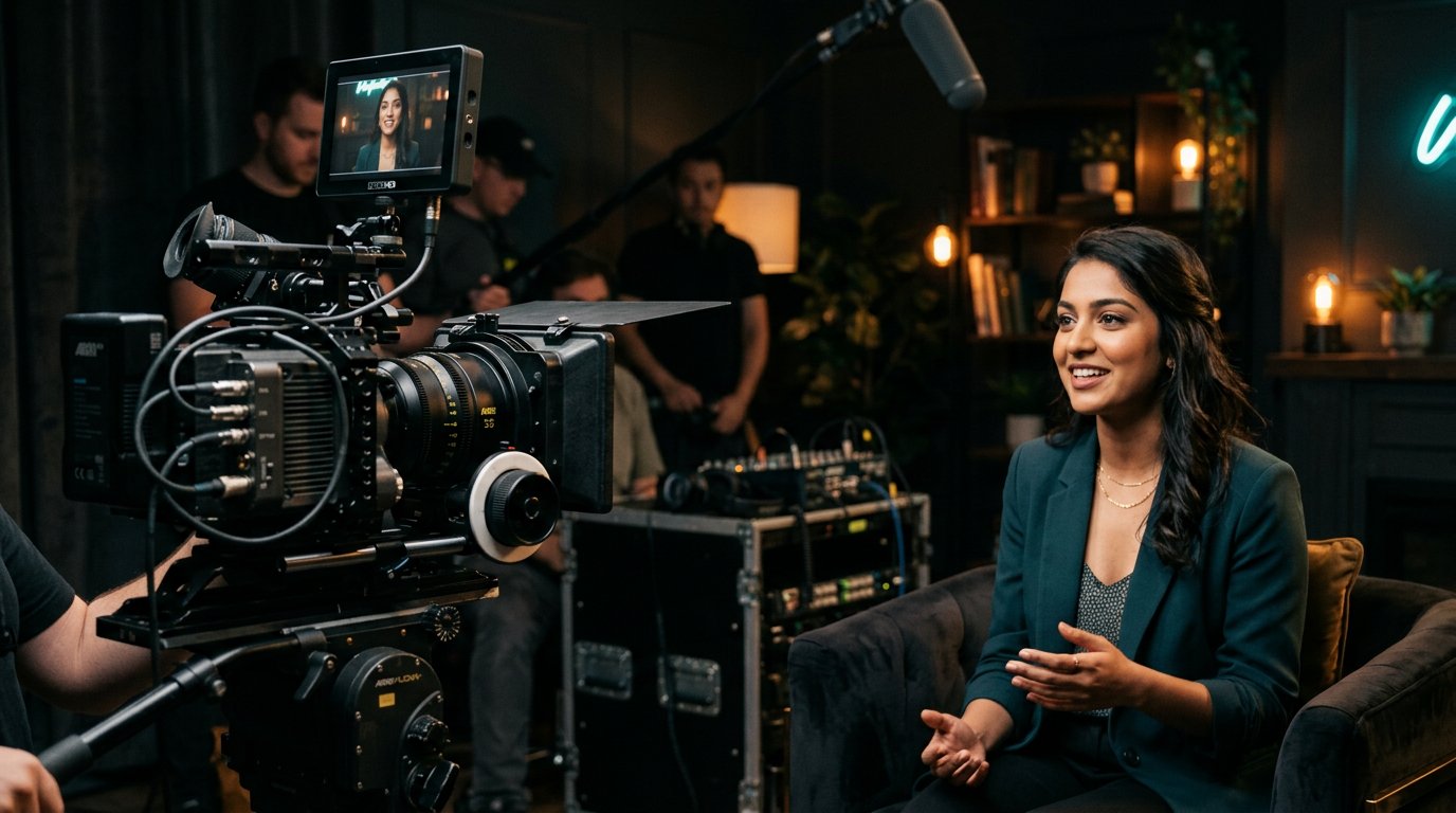 A video crew filming an interview on a warmly lit set