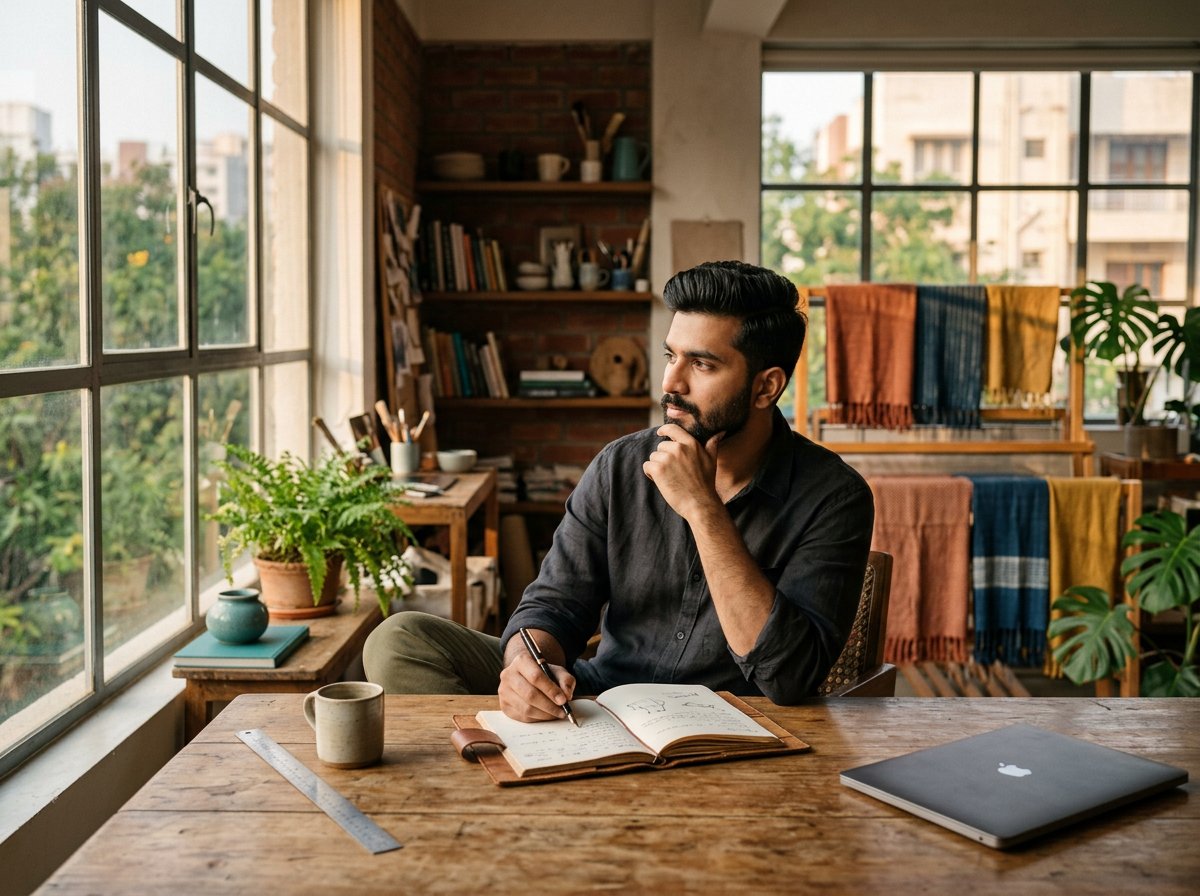 A creative founder reflecting in a sunlit studio