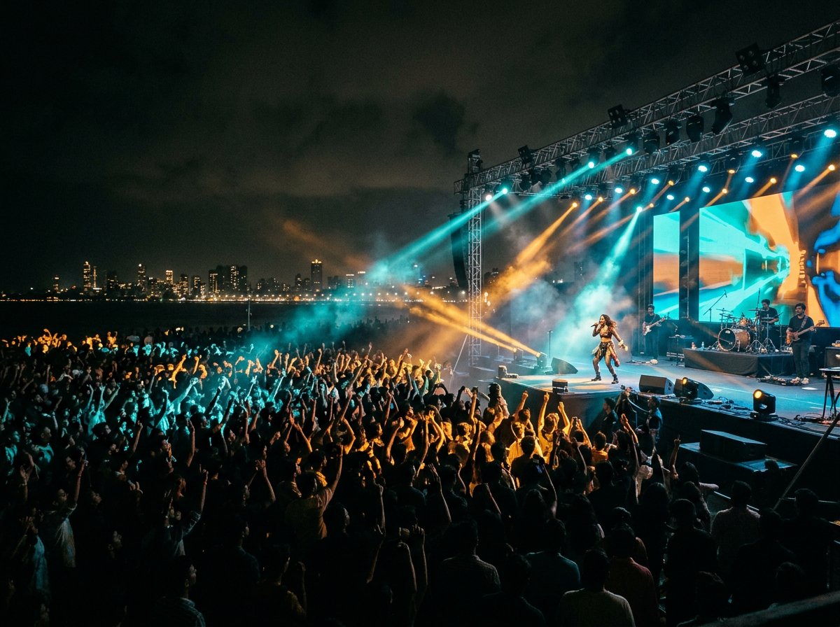 A live music performance glowing in cyan and amber light