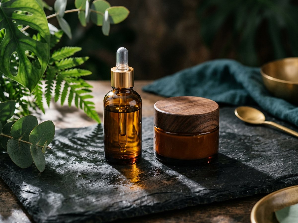 Amber skincare bottles arranged with botanicals and sculptural light